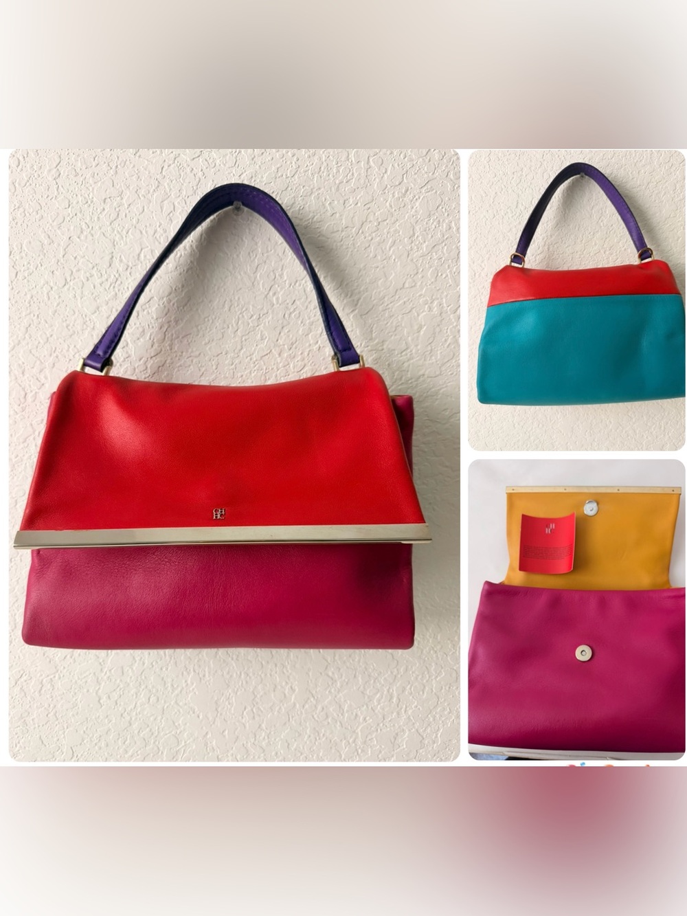 CH Carolina Herrera Camelot Tricolor Leather Shoulder Bag | Red Fuchsia Teal